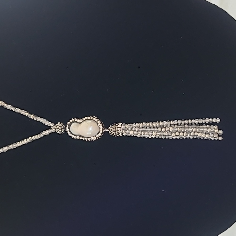 FUNKY Swarovski Crystal  & oblong Blister Pearl Tassel Necklace